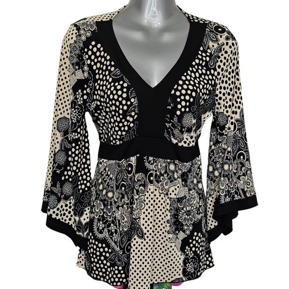 Mod retro Size S psychedelic Paisley Long Bell Sleeve v-neck flowy top - Picture 1 of 7